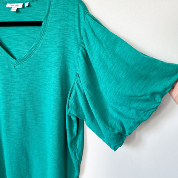 Chicos Puff Sleeve V Neck Slub Tee Teal Green Womens Plus XXL Cotton Modal - Picture 6 of 12